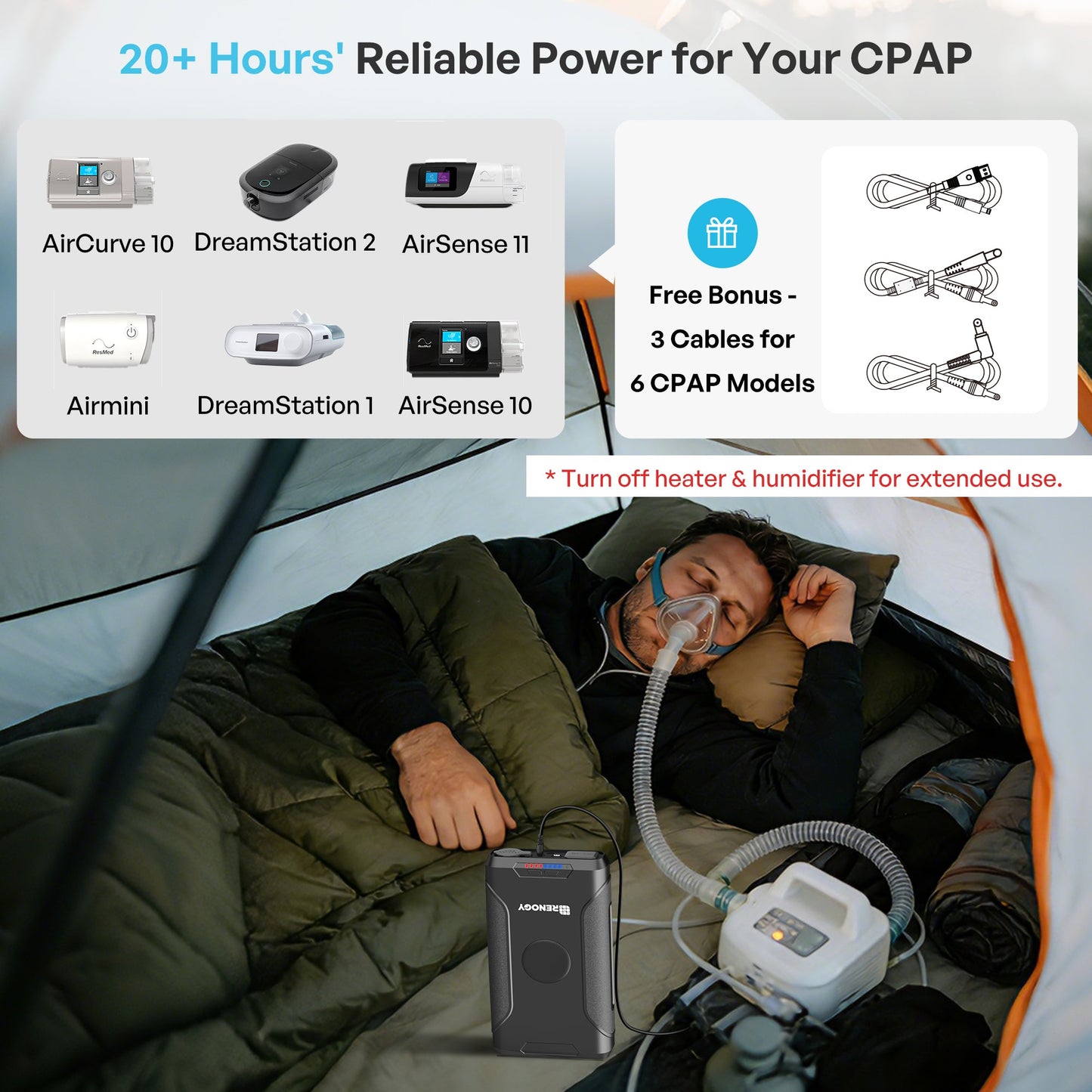 Renogy power bank supplying a CPAP machine inside a camping tent