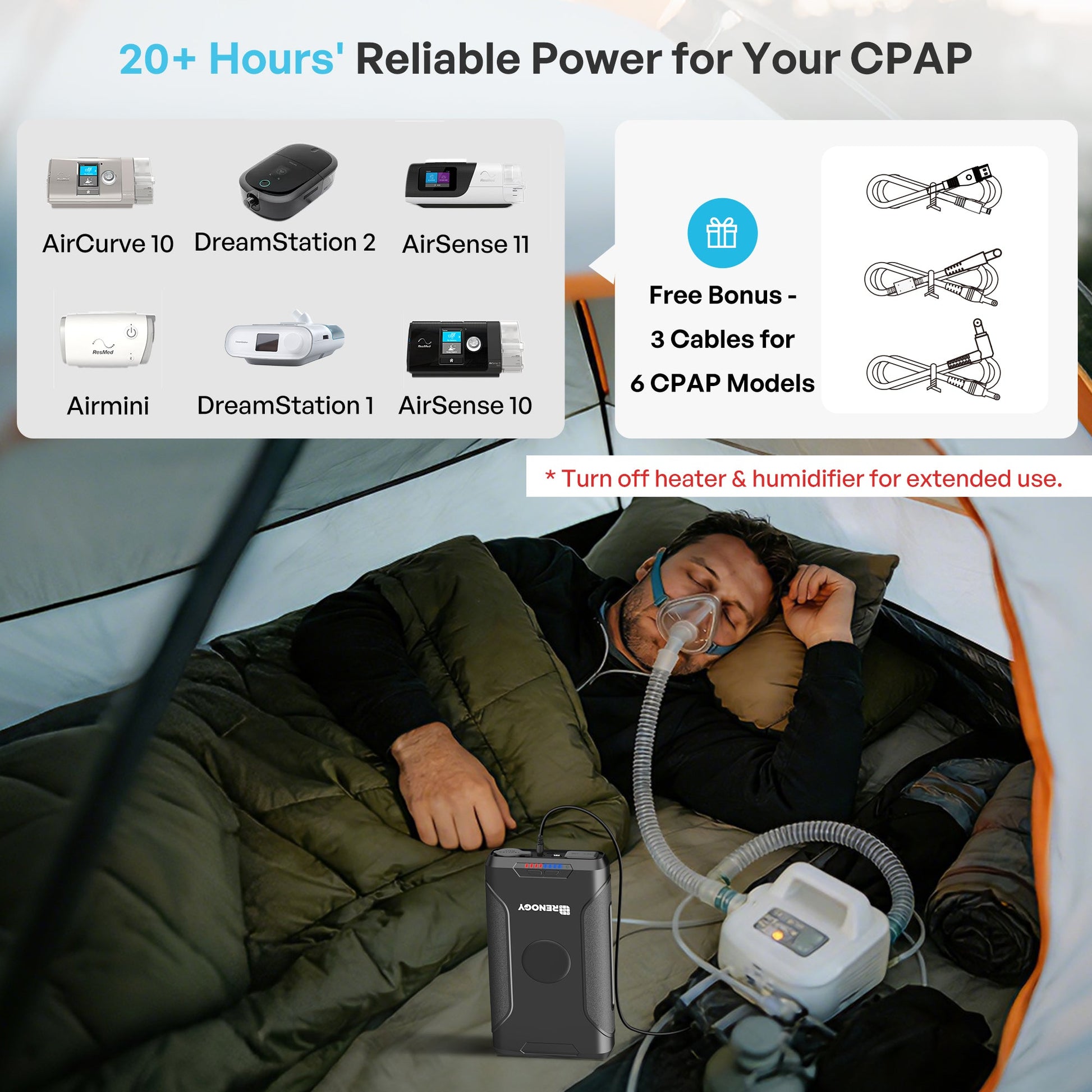 Renogy power bank supplying a CPAP machine inside a camping tent
