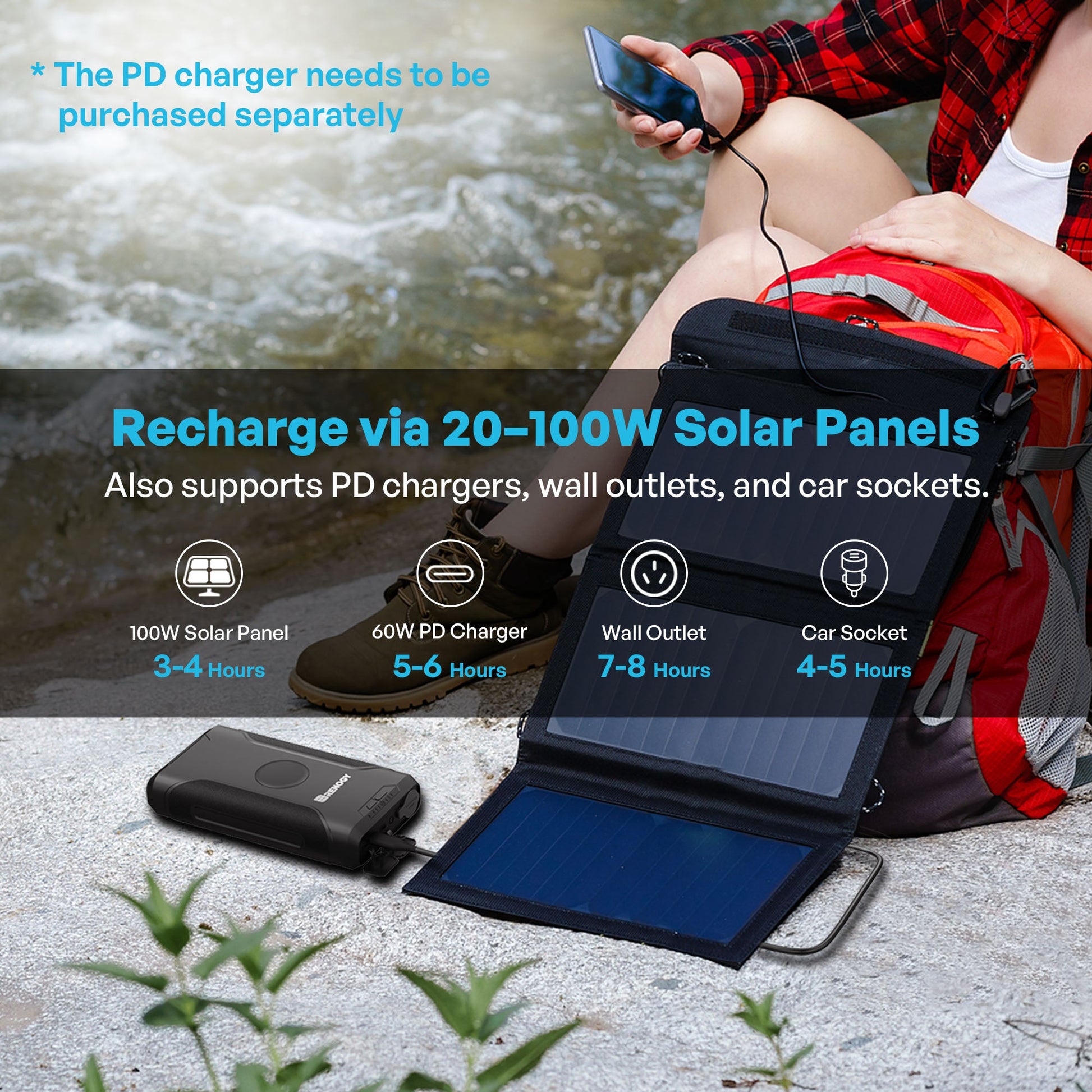 Renogy power bank recharging from a portable solar panel outdoors
