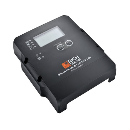 Front-left angled view of the RICH SOLAR 12V 30A PWM solar charge controller