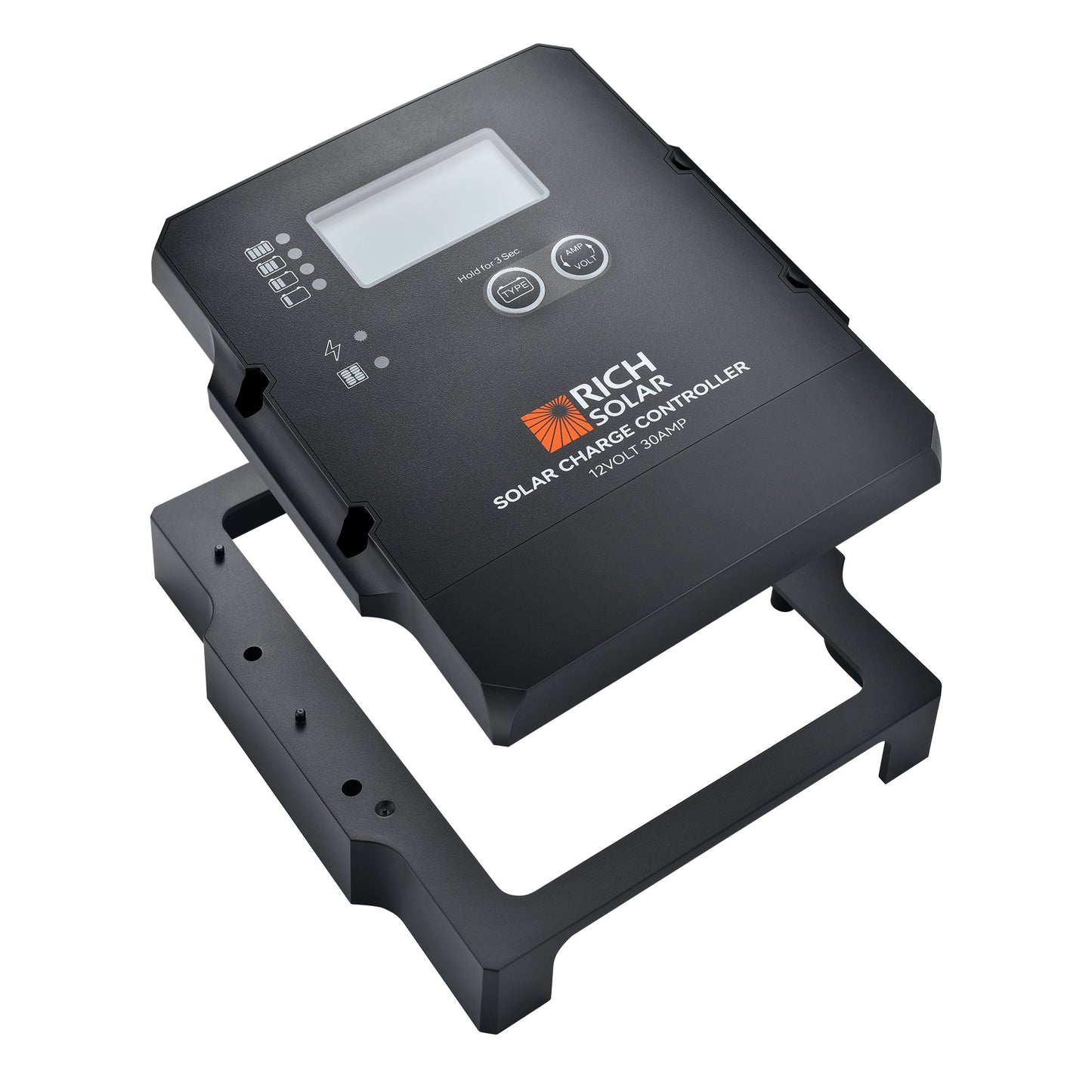 RICH SOLAR 12V 30A PWM controller shown with its removable mounting frame