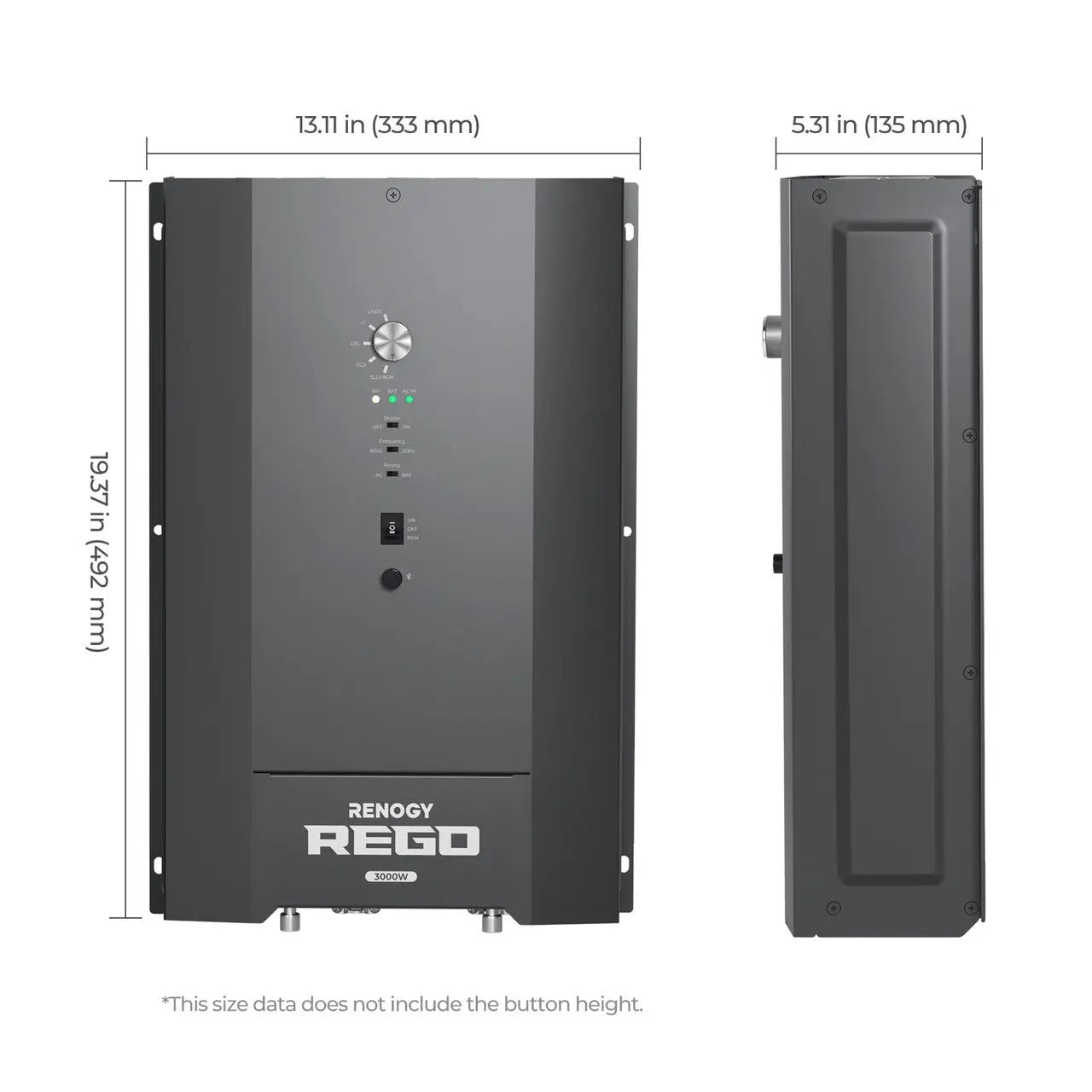 Renogy REGO 12V 3000W inverter charger front and side dimension diagram