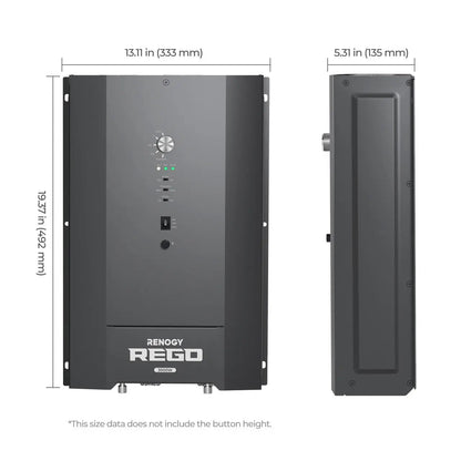 Renogy REGO 12V 3000W inverter charger front and side dimension diagram