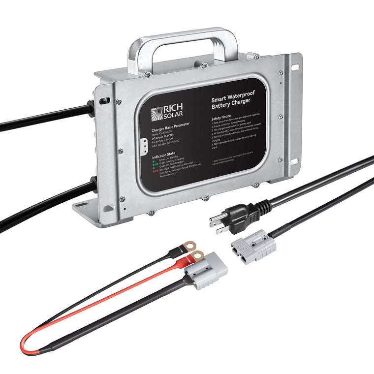 RICH SOLAR 48V (57.6V) Waterproof LiFePO4 Charger 20A / 25A, 100-240V AC, 8-in-1 Protection, Fan-Cooled