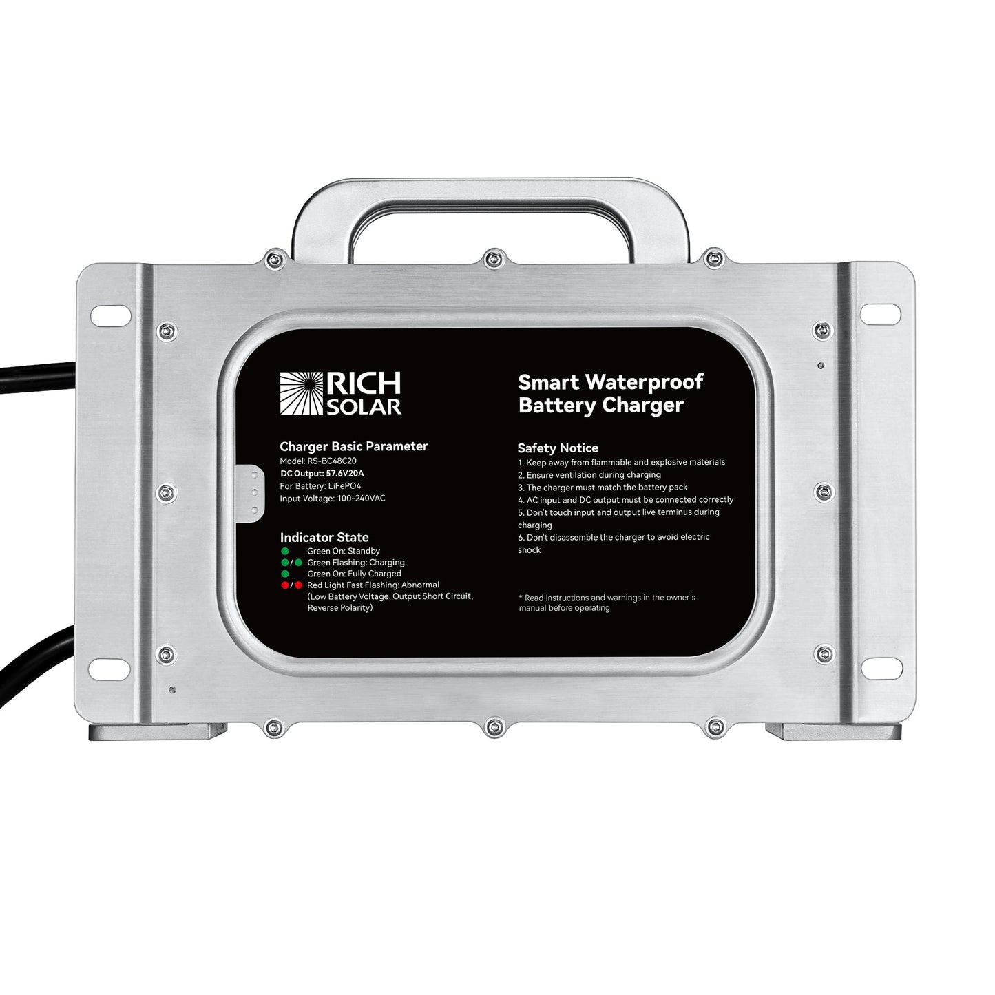 RICH SOLAR 48V (57.6V) Waterproof LiFePO4 Charger 20A / 25A, 100-240V AC, 8-in-1 Protection, Fan-Cooled product image 3
