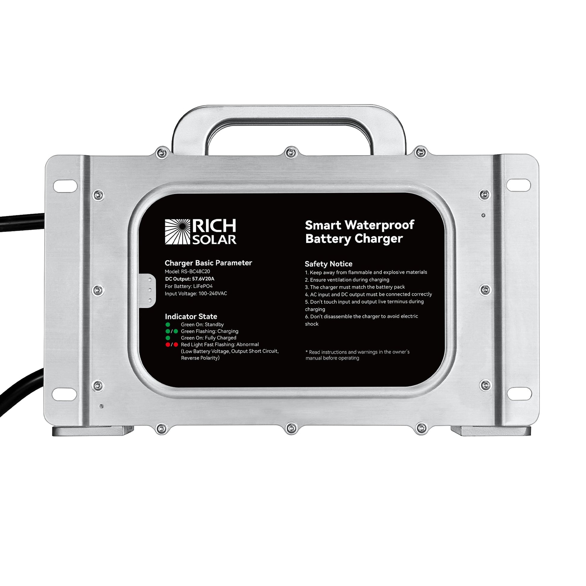 RICH SOLAR 48V (57.6V) Waterproof LiFePO4 Charger 20A / 25A, 100-240V AC, 8-in-1 Protection, Fan-Cooled product image 3