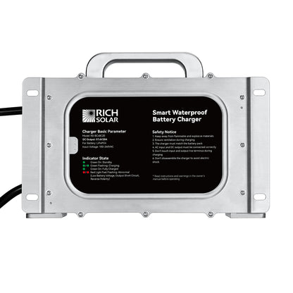 RICH SOLAR 48V (57.6V) Waterproof LiFePO4 Charger 20A / 25A, 100-240V AC, 8-in-1 Protection, Fan-Cooled product image 3