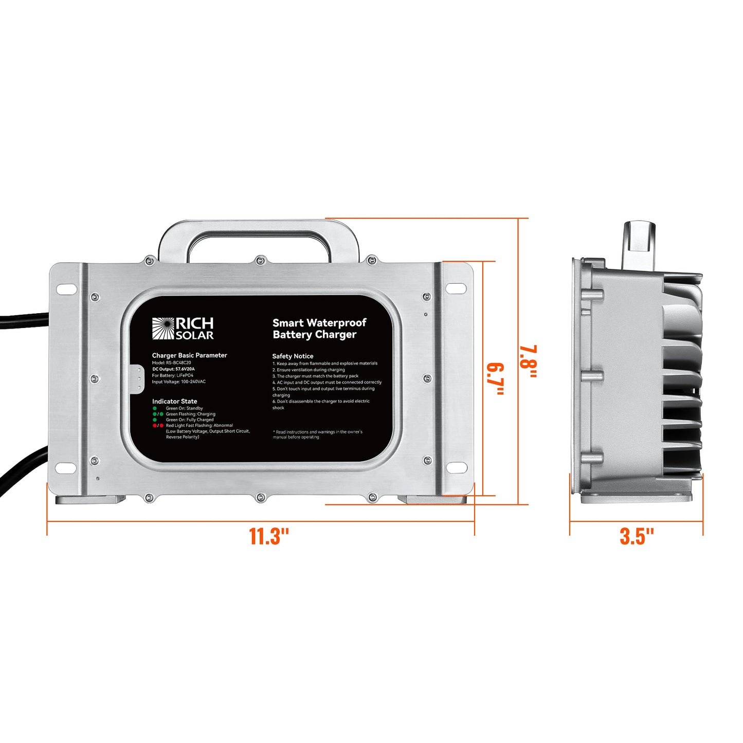RICH SOLAR 48V (57.6V) Waterproof LiFePO4 Charger 20A / 25A, 100-240V AC, 8-in-1 Protection, Fan-Cooled product image 2