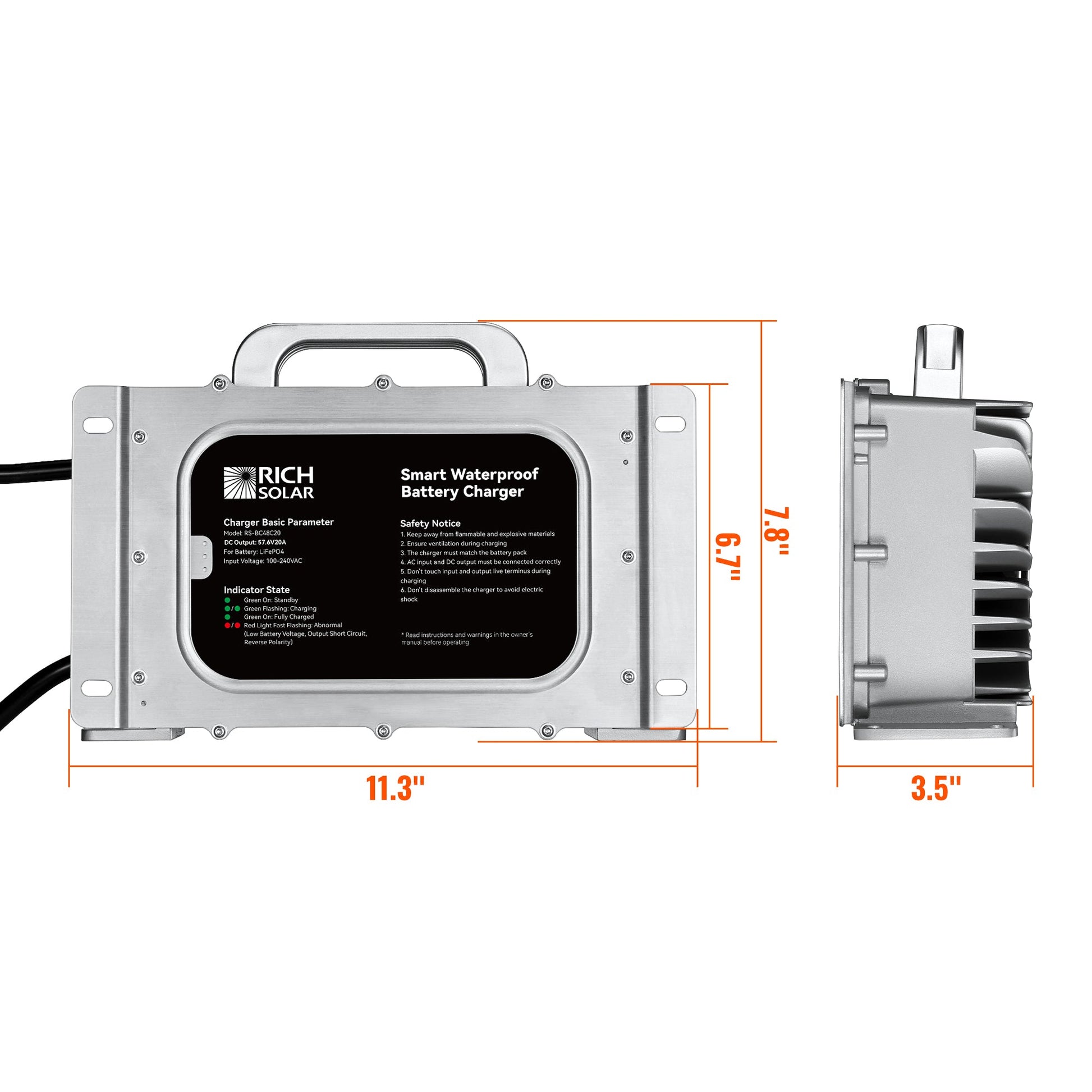RICH SOLAR 48V (57.6V) Waterproof LiFePO4 Charger 20A / 25A, 100-240V AC, 8-in-1 Protection, Fan-Cooled product image 2