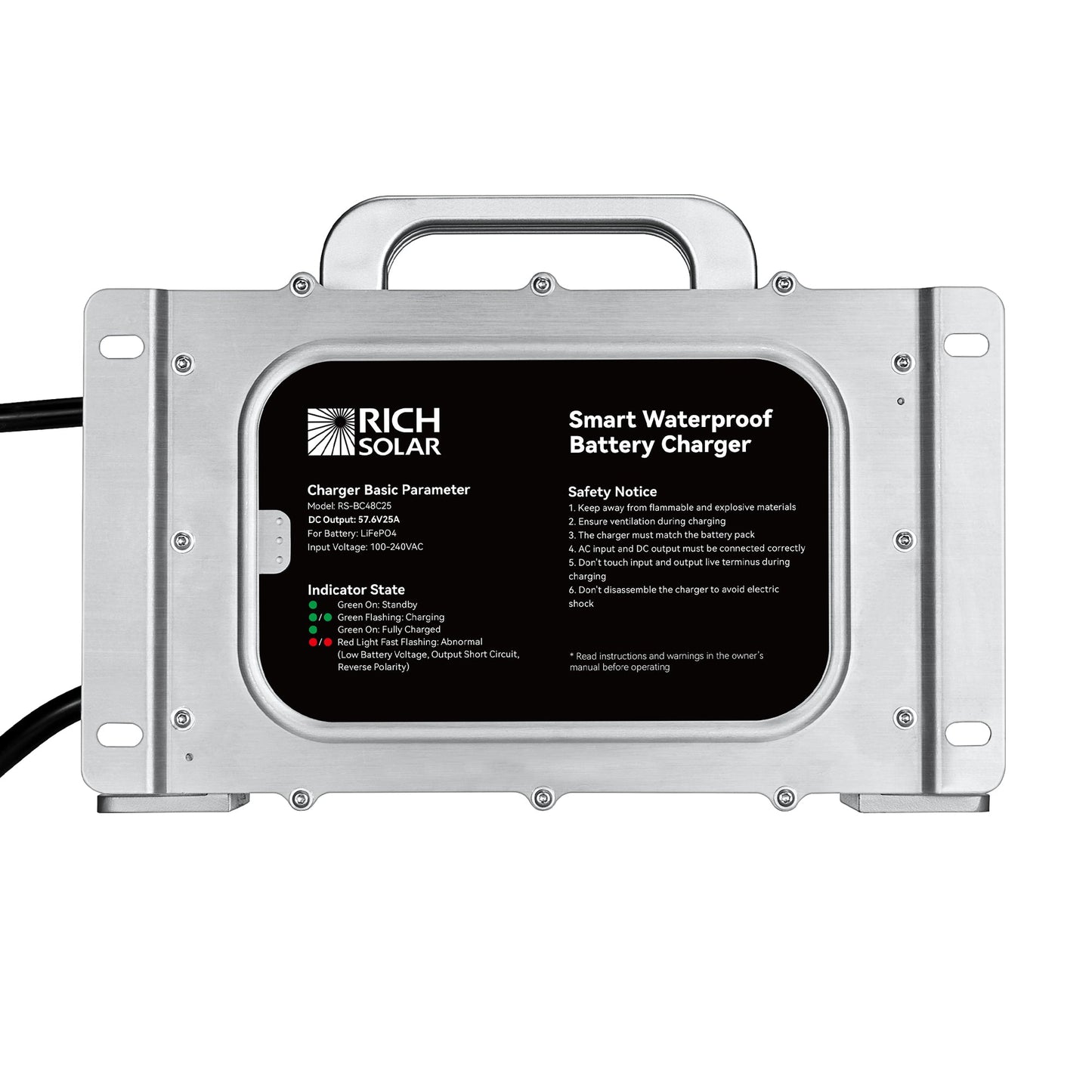 RICH SOLAR 48V (57.6V) Waterproof LiFePO4 Charger 20A / 25A, 100-240V AC, 8-in-1 Protection, Fan-Cooled product image 11