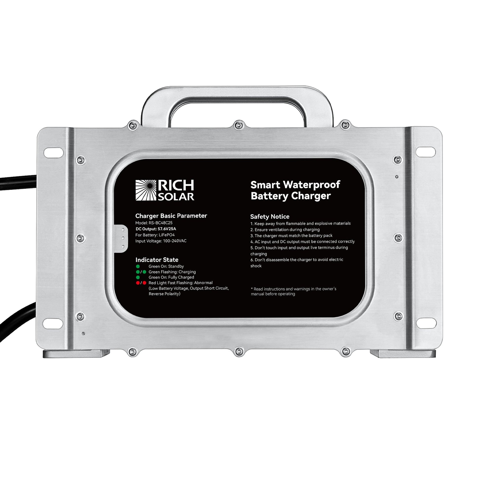 RICH SOLAR 48V (57.6V) Waterproof LiFePO4 Charger 20A / 25A, 100-240V AC, 8-in-1 Protection, Fan-Cooled product image 11
