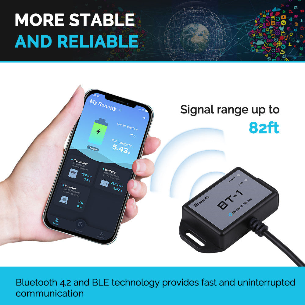 Renogy BT-1 module with DC Home app monitoring and 82-foot signal range graphic