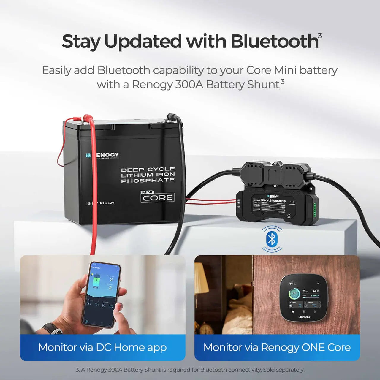 Renogy Core Mini battery with 300A Bluetooth battery shunt, DC Home app, and Renogy ONE Core display