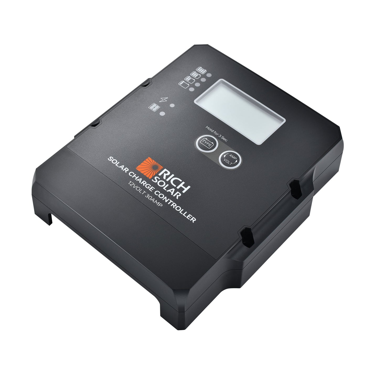Front-right angled view of the RICH SOLAR 12V 30A PWM solar charge controller