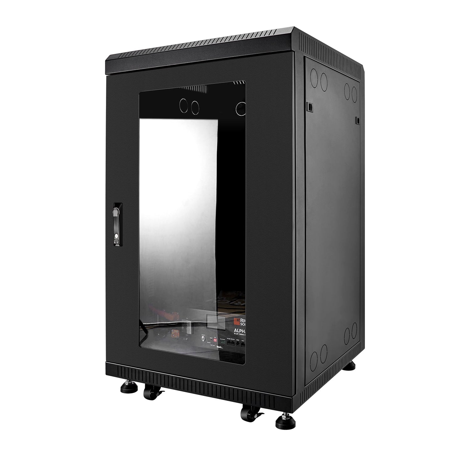 Closed black battery cabinet with locking glass door for the RICH SOLAR KIT-SR0001