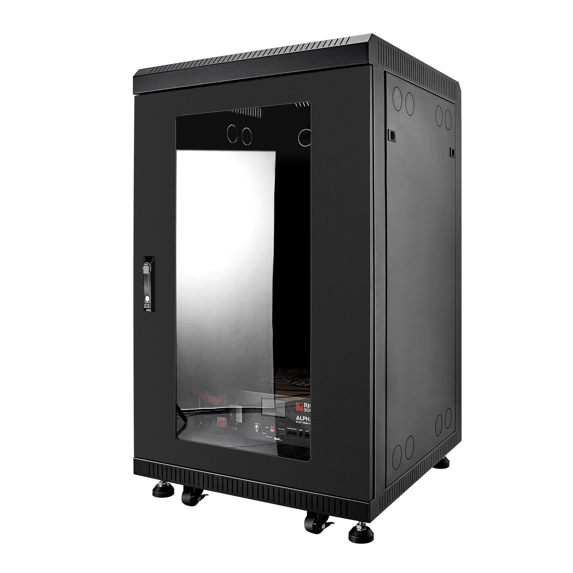 Closed black battery cabinet with locking glass door for the RICH SOLAR KIT-SR0001