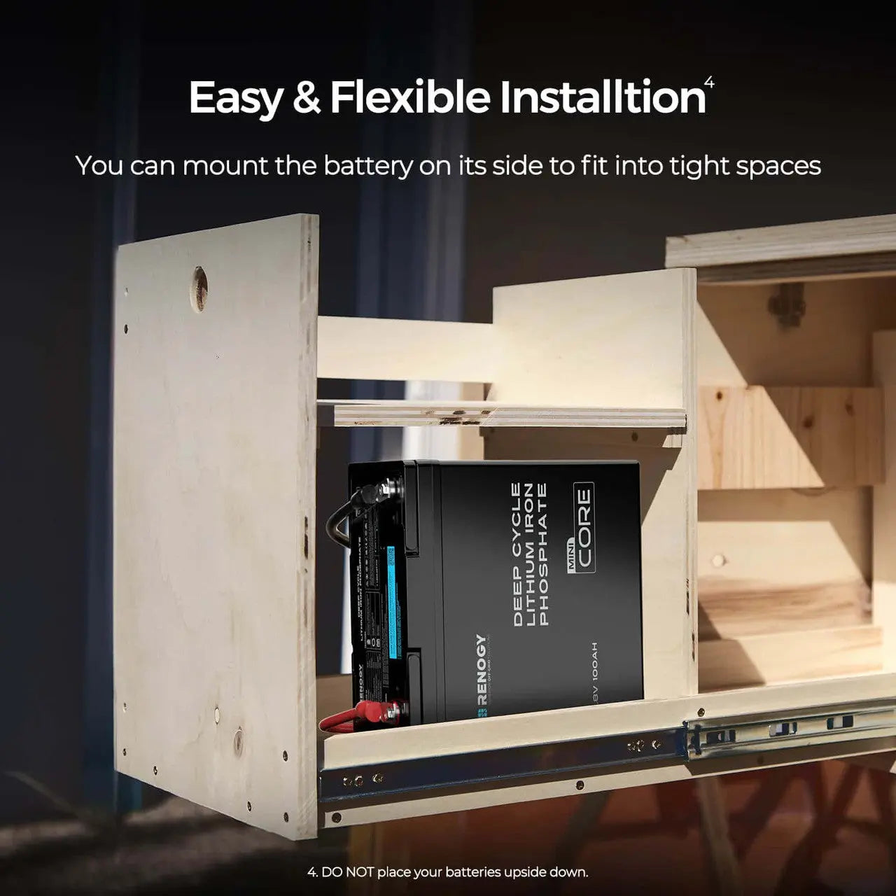 Renogy Core Mini lithium battery mounted sideways inside a compact cabinet