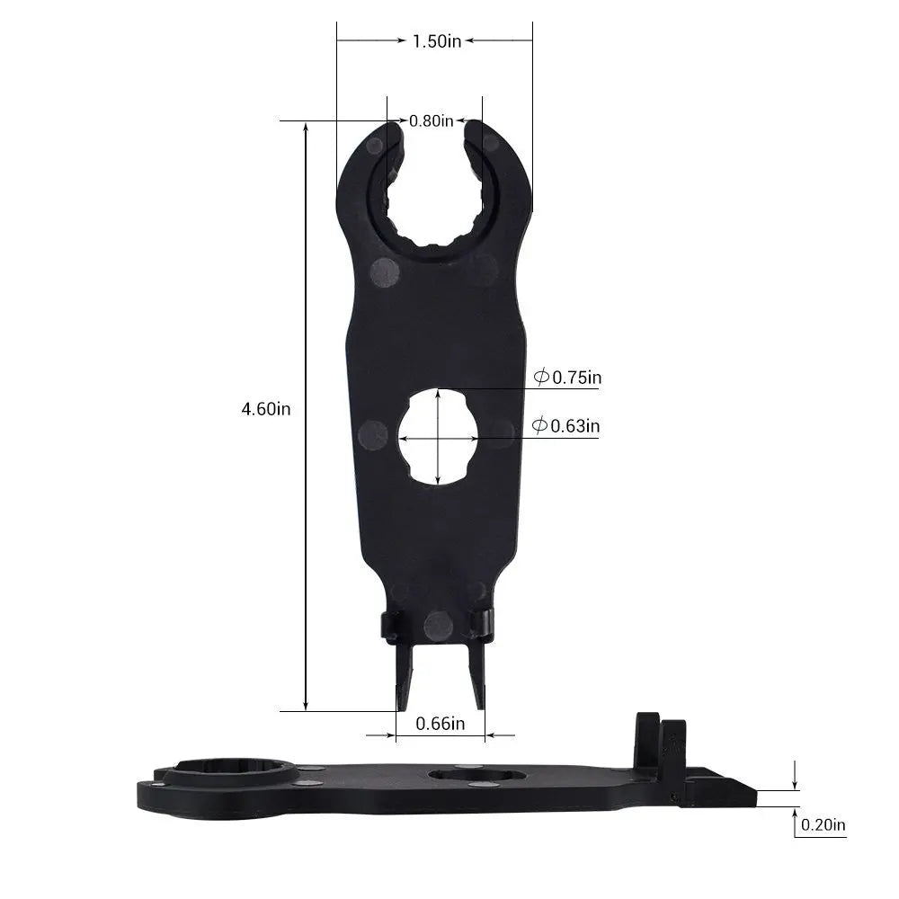 Renogy solar connector assembly tool diagram with overall dimensions and profile view