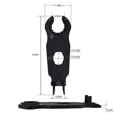 Renogy solar connector assembly tool diagram with overall dimensions and profile view