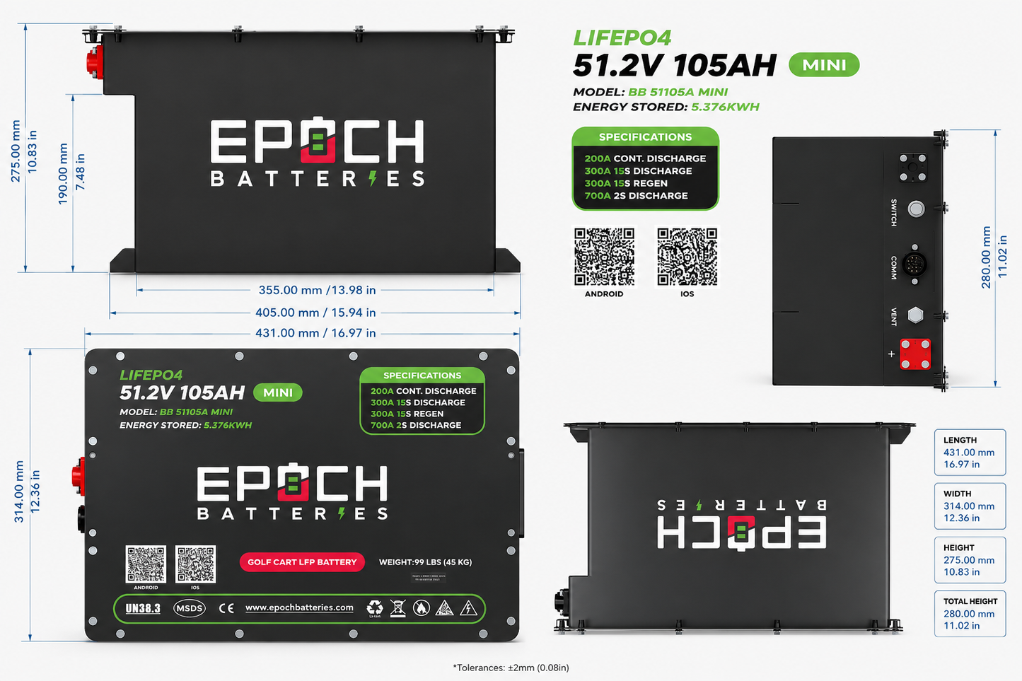 Epoch 48V 105Ah MINI Golf Cart Battery Complete Kit - LiFePO4 - official product image 2