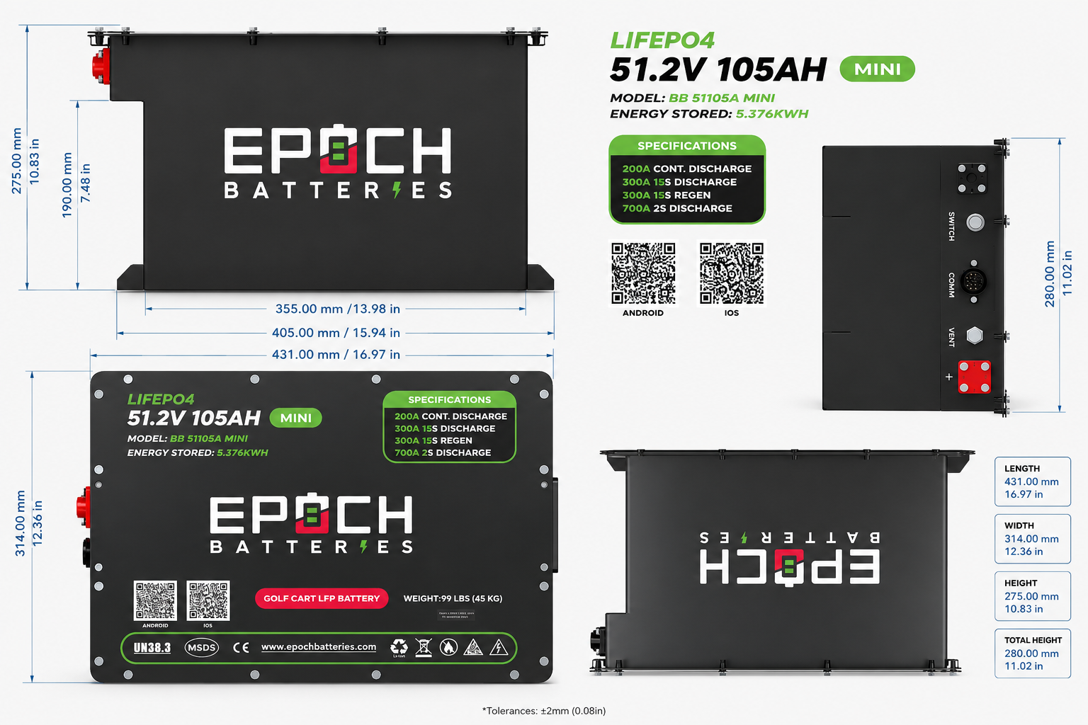 Epoch 48V 105Ah MINI Golf Cart Battery Complete Kit - LiFePO4 - official product image 2