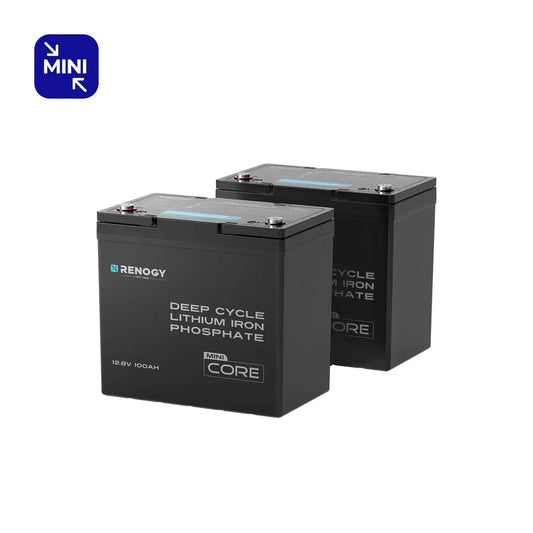 Pair of Renogy 12.8V 100Ah Core Mini lithium batteries on a white background