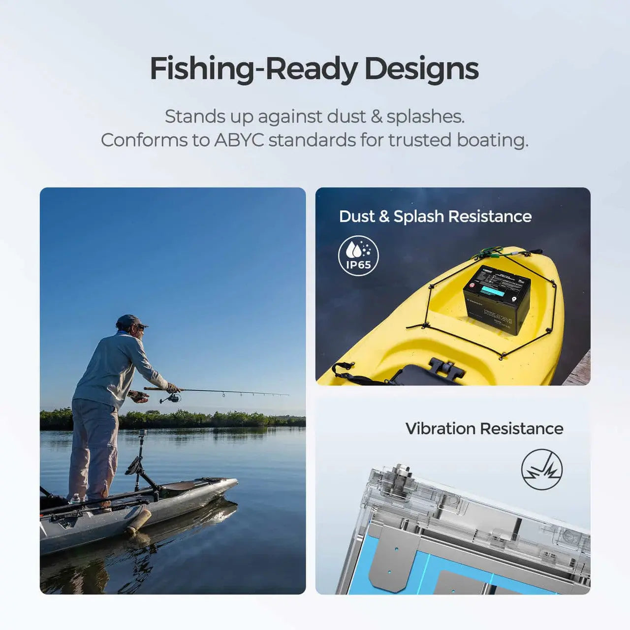 Renogy Core Mini battery shown for fishing with dust, splash, and vibration protection