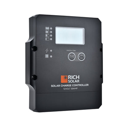 Upright front view of the RICH SOLAR 12V 30A PWM solar charge controller