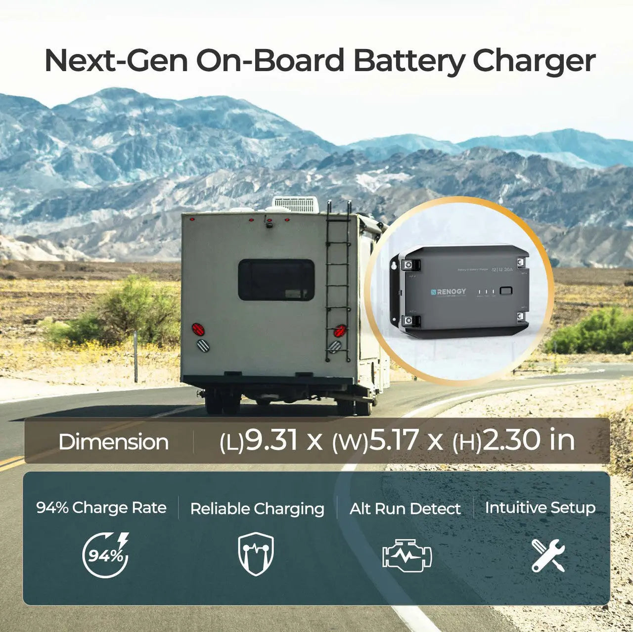 Renogy 12V 20A DC-to-DC charger dimensions with an RV application and feature icons