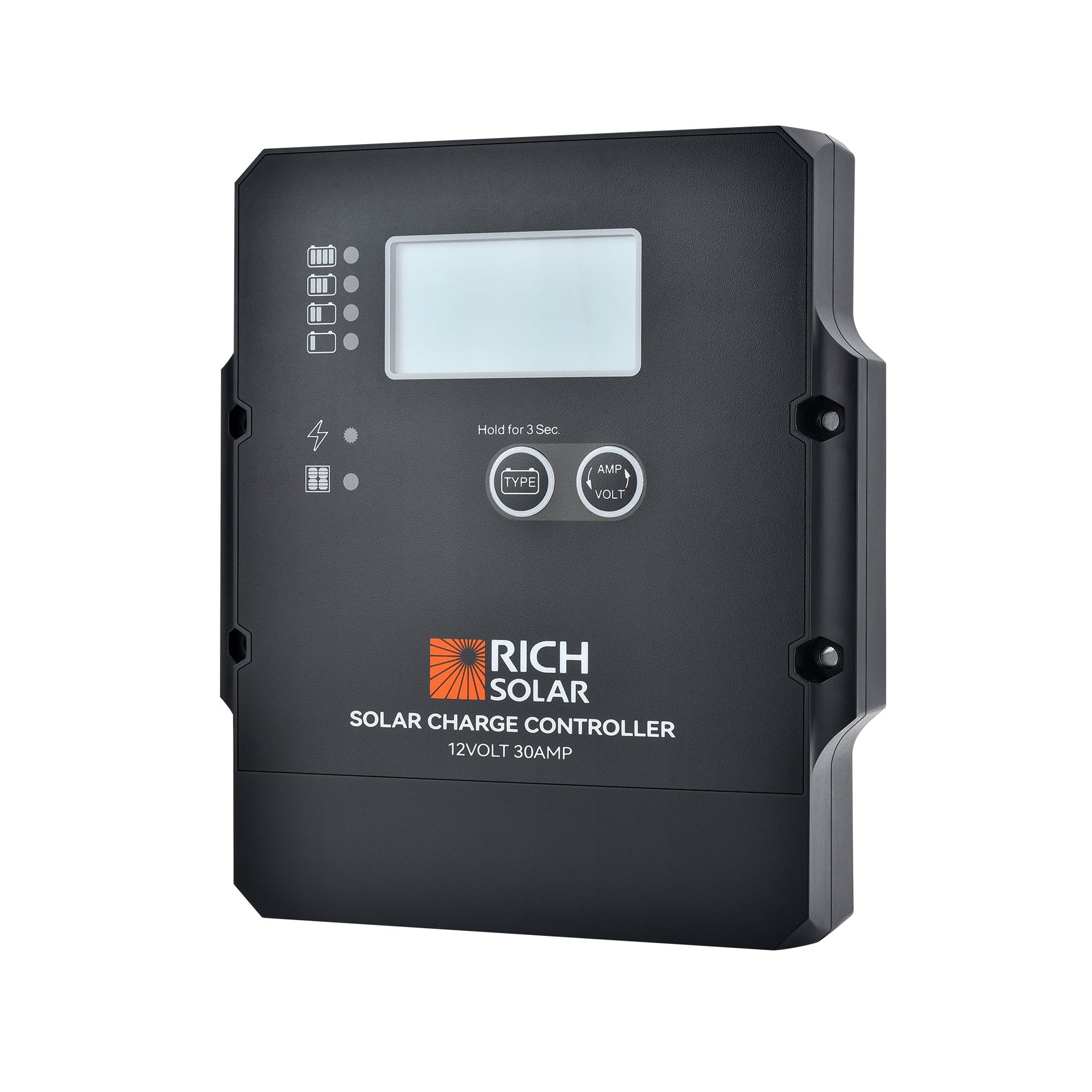 Angled front view of the RICH SOLAR 12V 30A PWM controller and control buttons