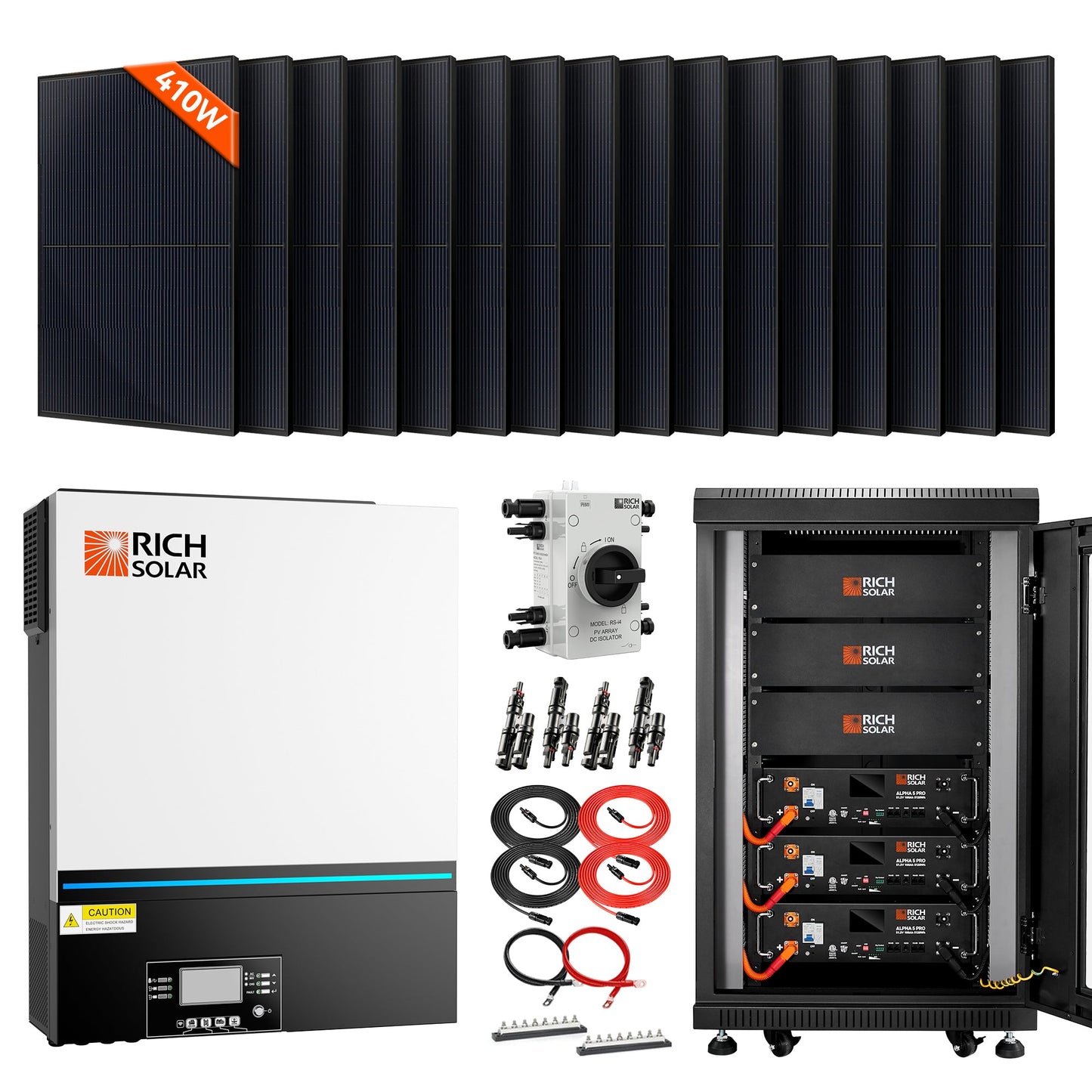 RICH SOLAR KIT-SR0001 with 16 solar panels, RS-H6548 inverter, battery rack, isolator and wiring