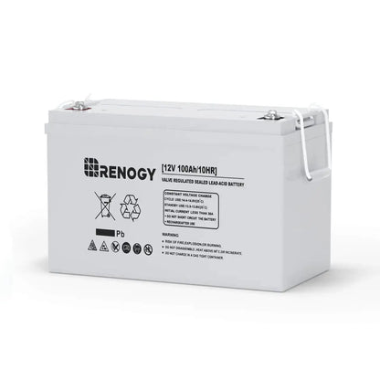 Renogy 12V 100Ah deep-cycle AGM battery on a white background