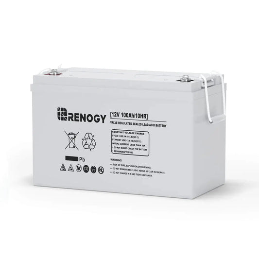 Renogy 12V 100Ah deep-cycle AGM battery on a white background