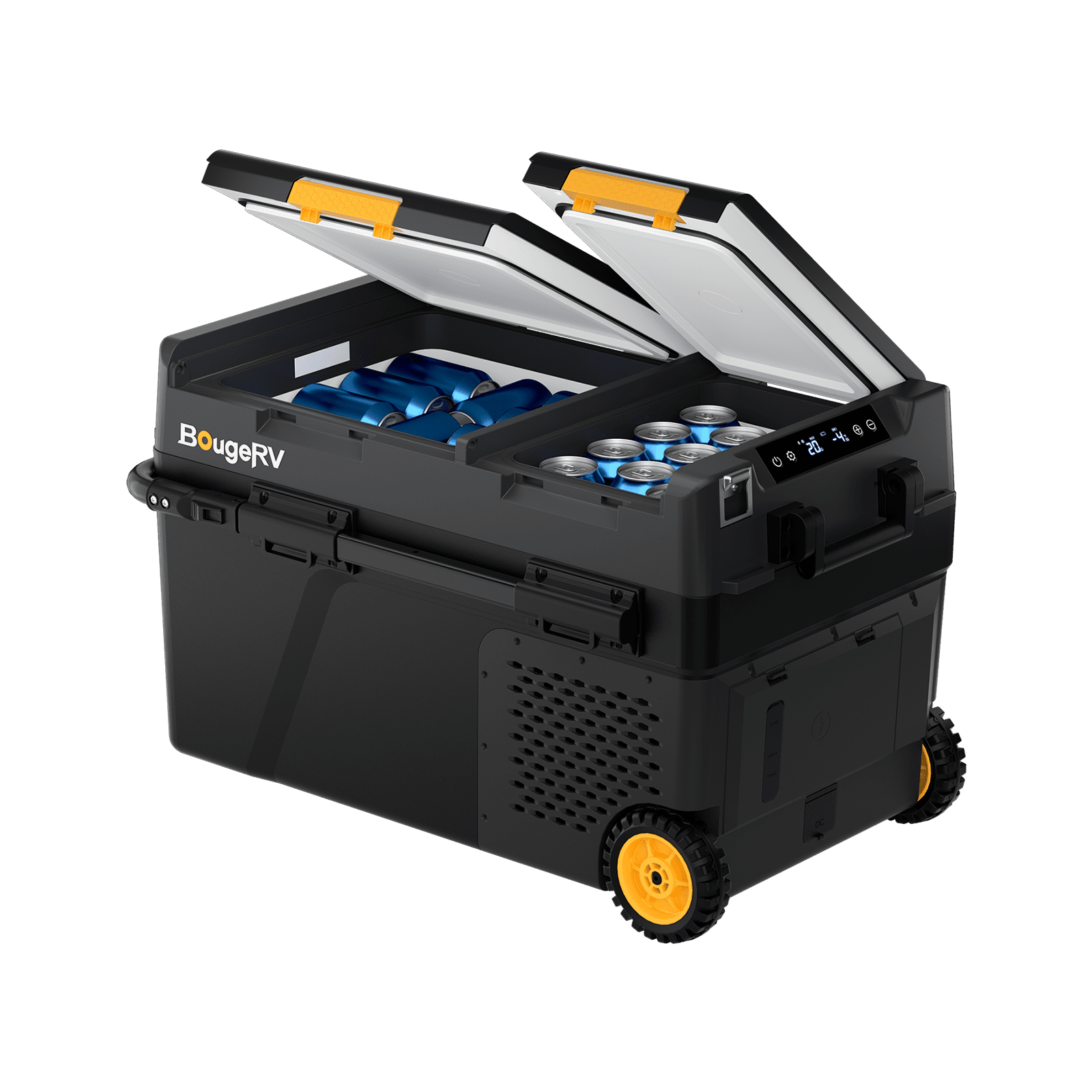 BougeRV CRD2 V2.0 43QT dual-zone fridge open with both compartments filled