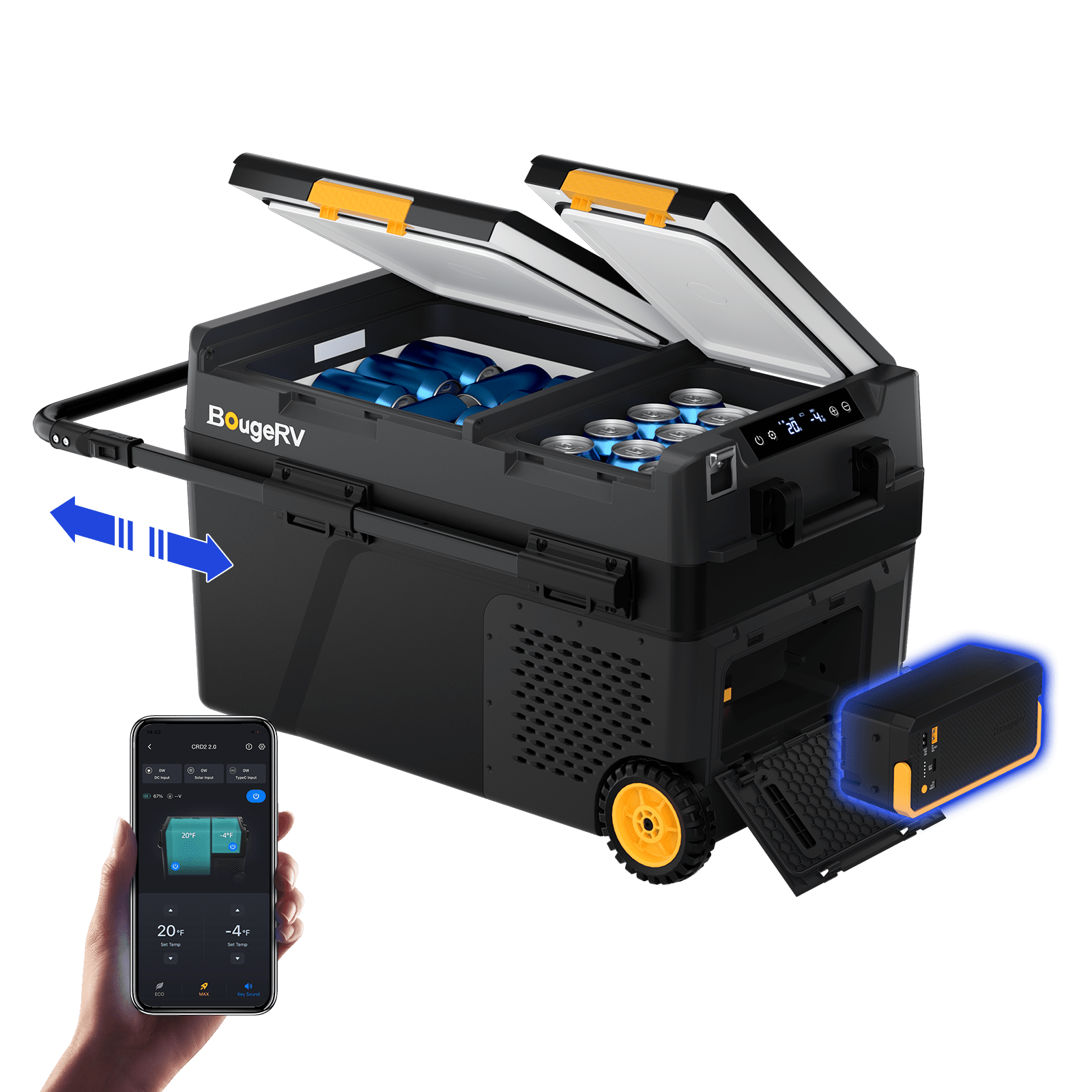 BougeRV CRD2 V2.0 fridge showing app control, slide-out table and removable battery