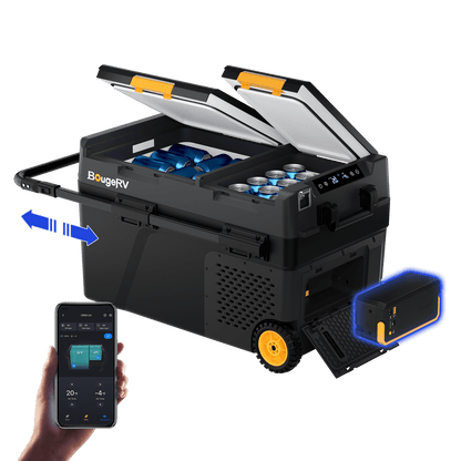 BougeRV CRD2 V2.0 fridge showing app control, slide-out table and removable battery