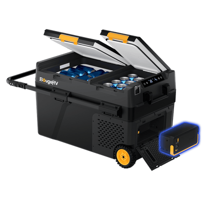 BougeRV CRD2 V2.0 fridge with open dual compartments and removable battery