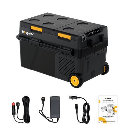 BougeRV CRD2 V2.0 fridge with DC cord, AC adapter, power cord and user manual