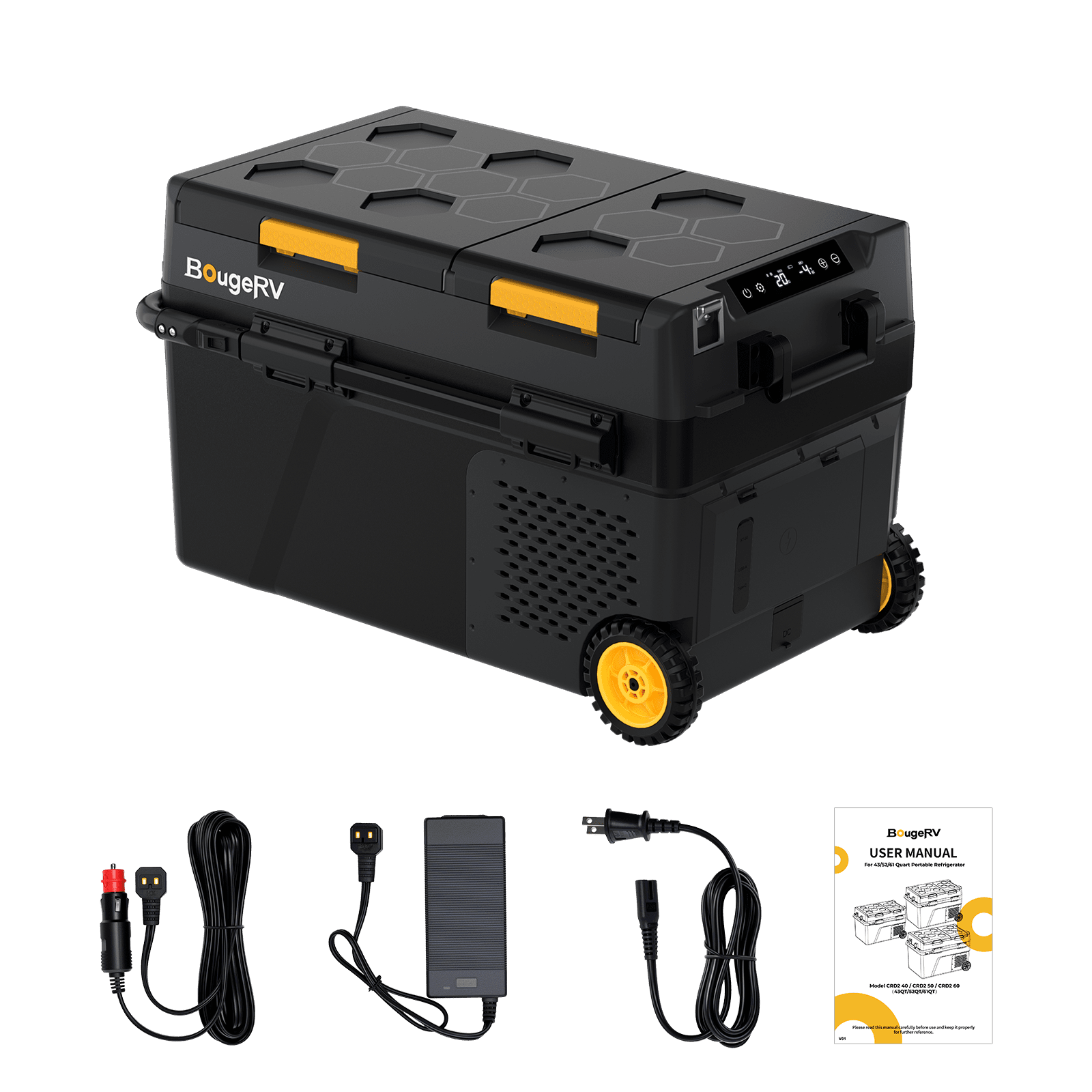 BougeRV CRD2 V2.0 fridge with DC cord, AC adapter, power cord and user manual
