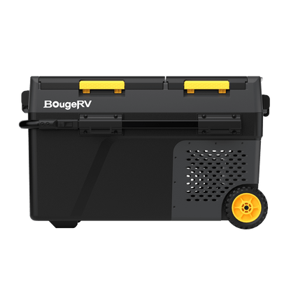 Side view of the BougeRV CRD2 V2.0 fridge showing pull handle, wheel and ventilation