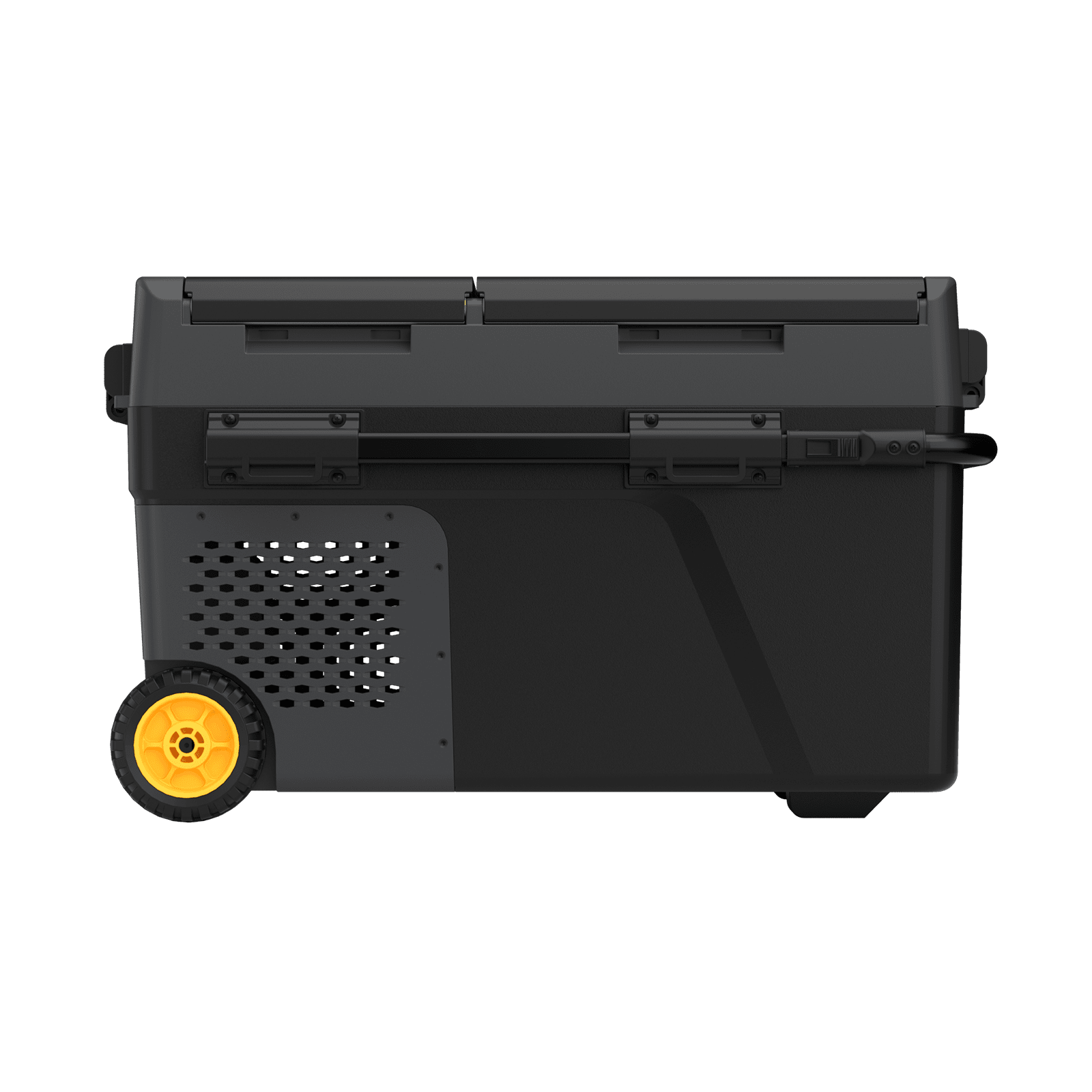 Opposite side view of the BougeRV CRD2 V2.0 fridge showing pull handle, wheel and ventilation