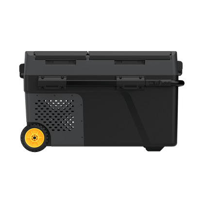Opposite side view of the BougeRV CRD2 V2.0 fridge showing pull handle, wheel and ventilation