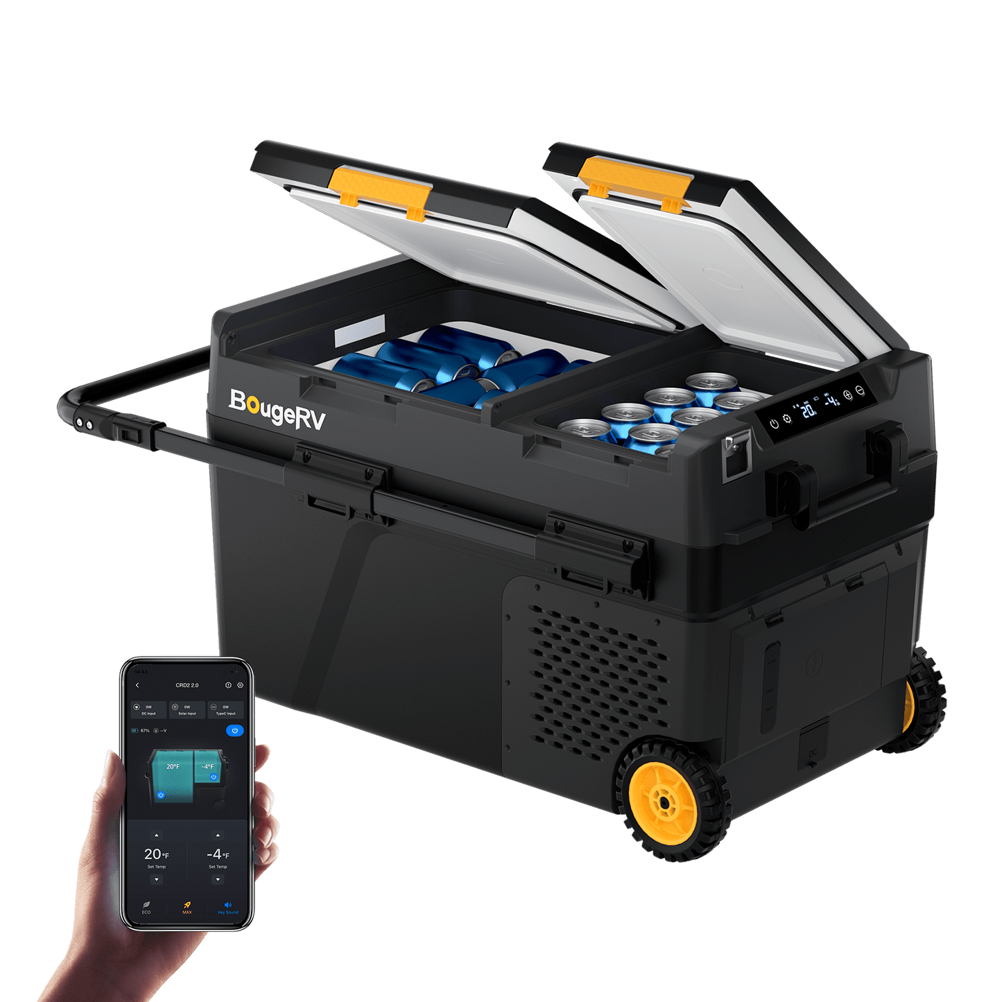 BougeRV CRD2 V2.0 fridge open with dual-zone temperatures displayed in the mobile app