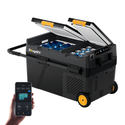 BougeRV CRD2 V2.0 fridge open with dual-zone temperatures displayed in the mobile app