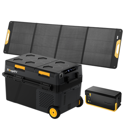 BougeRV CRD2 V2.0 fridge bundle with four-panel folding solar charger and portable power station
