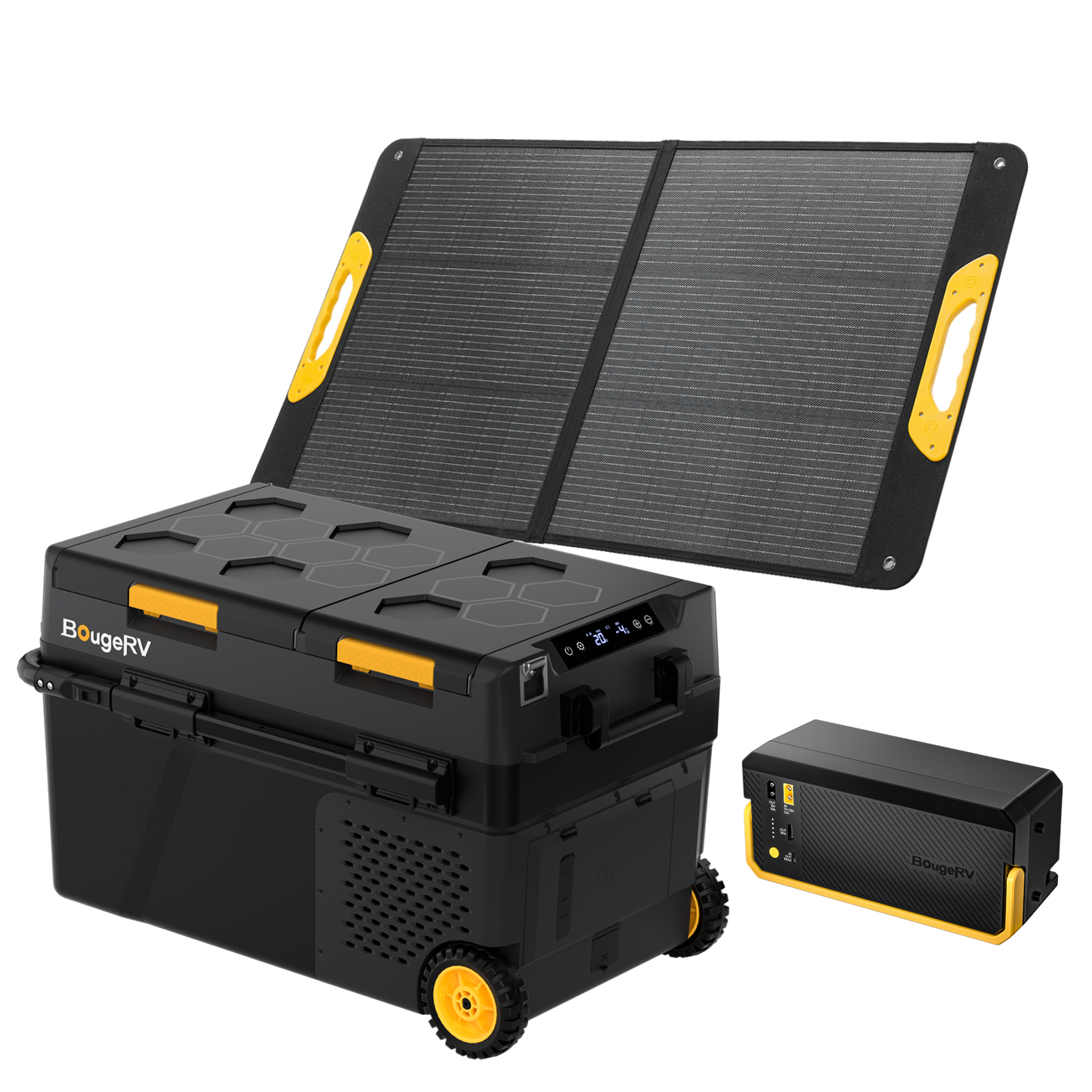 BougeRV CRD2 V2.0 fridge bundle with two-panel folding solar charger and portable power station