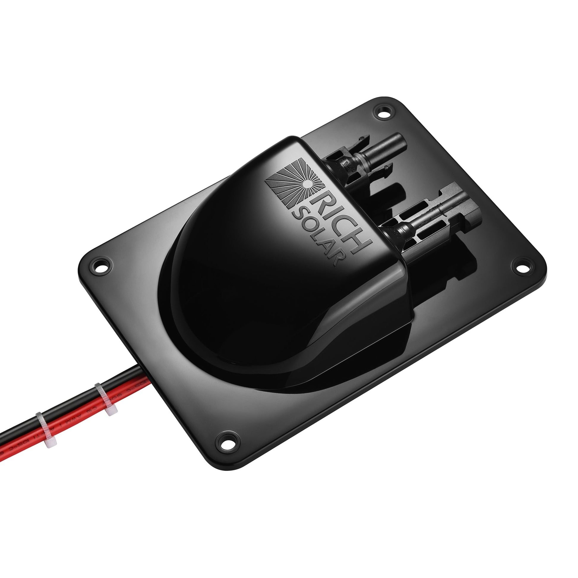 Angled view of the RICH SOLAR 8AWG cable entry plate, housing and solar connectors