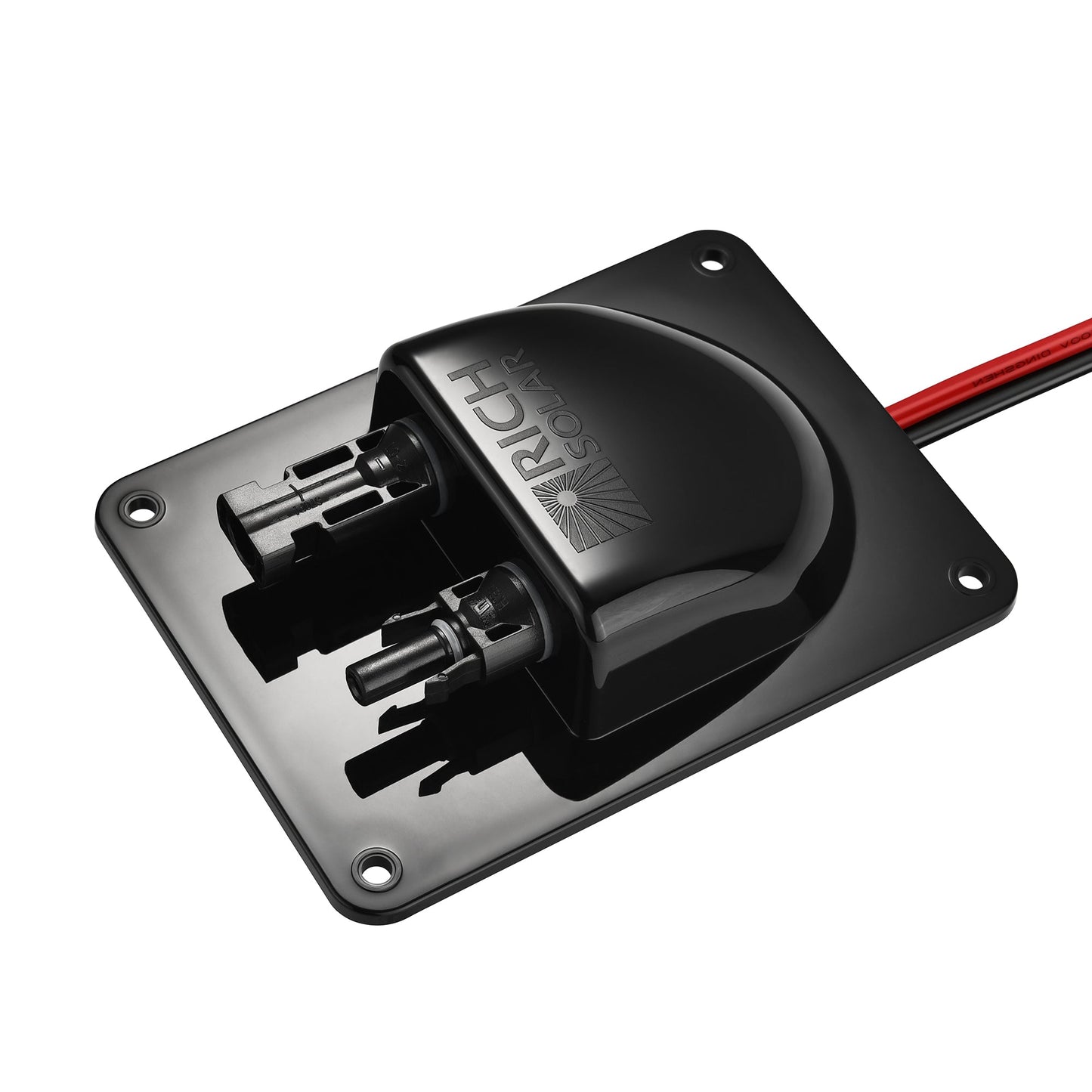 Opposite angled view of the RICH SOLAR IP68 cable entry plate with 10AWG wires