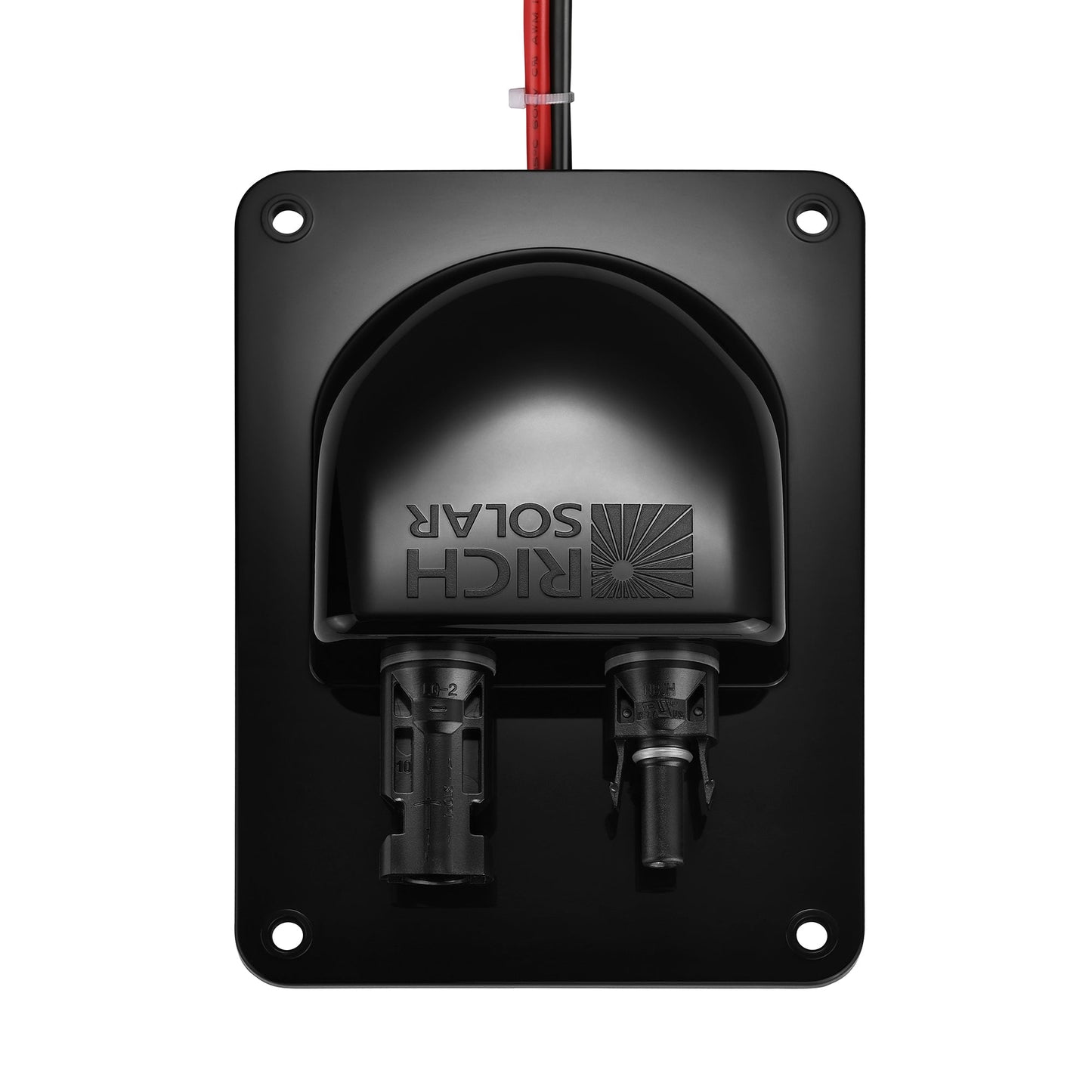 Top view of the RICH SOLAR IP68 cable entry plate with two solar connectors and 10AWG wires