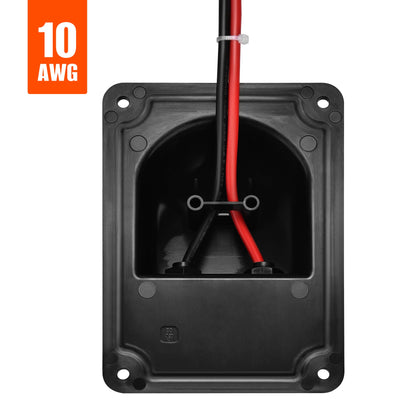 Underside of the RICH SOLAR IP68 cable entry plate showing 10AWG wire routing and mounting holes